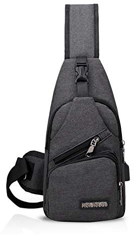FANDARE Unisex Schultertasche Herren Damen Brusttasche Sling Bag Rucksack mit USB Umhängetasche Sporttasche für Wandern,Abenteuer,Sport, Reisen und Joggen Schwarz Grau