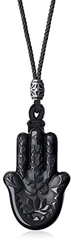 COAI Adjustable Nylon Cord Hamsa Hand Obsidian Black Stone Necklace