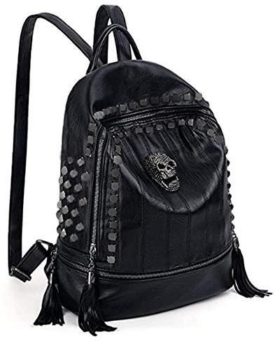 AlwaySky Frauen-Schädel-Rucksack Rivet Beschlagene Modus Daypack Gothic Purse Tassel Zipper (Black)