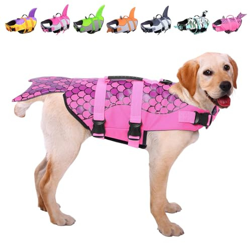 ASENKU Hundeschwimmweste Haustier Schwimmweste Sicherheitsweste zum Schwimmen Bootfahren, Hund Shark Schwimmwesten Hund Lebensretter Badeanzüge für Pool, Meerjungfrau Rosa, X-Large
