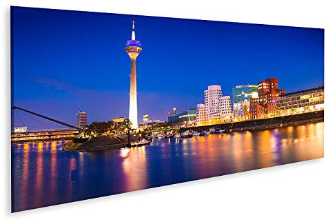 islandburner Bild auf Leinwand Bunte Nachtszene des Rheins Bei Nacht In Düsseldorf Rheinturm Bilder Wandbilder Poster