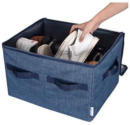 Moteph Shoe Organizer Closet Storage Solution with Clear Cover & Adjustable Dividers for Shoes, Handbags, Blankets, Linen, Clothing (Medium - 16 Pairs, Navy Blue)