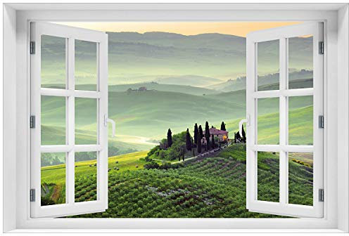 Wallario Glasbild 60 x 90 cm mit Fensterrahmen mit Fenster-Illusion: Toskana in Italien - Wandbild mit freischwebender Optik