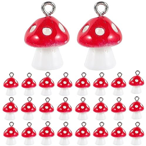 EXCEART 30Pcs 12Mm Pilz Anhänger Charms Pilz Harz Charms Pilz Schmuck Simulation Pilz Perlen Stränge DIY Schmuck Herstellung Zubehör für Armbänder Schlüsselbund Ohrringe Halskette (Rot)