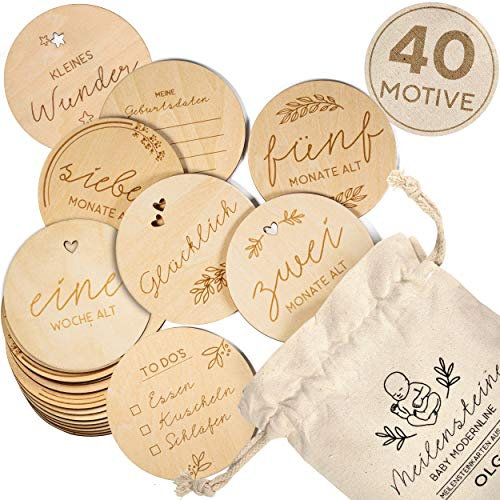 OLGS Holz Baby Meilensteinkarten | 40 Meilensteine mit Stoffbeutel | Geschenkidee für werdende Mütter & Eltern | Meilensteine: Geburt verkünden, Babyparty | Milestones 20 Holzscheiben - Modernline
