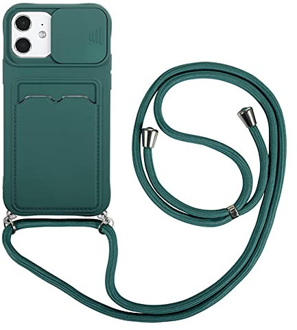 Crossbody Necklace Phone Cases Compatible with Apple iPhone 7 Plus/8 Plus Case Slide Camera Lens Protector Cover with Card Slort and Lanyard Cord Strap Soft Flexible TPU Bumper Shell(Dark Green)