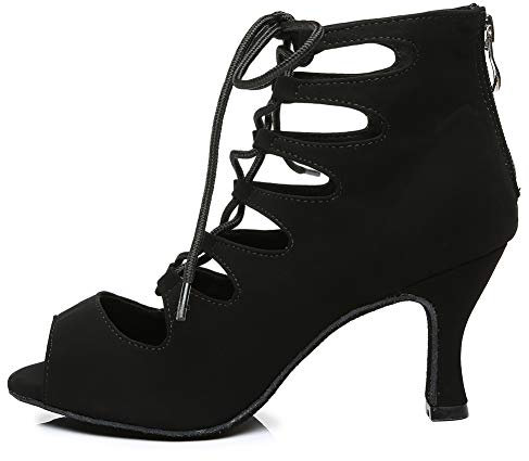 RUYBOZRY Stivali da Ballo Latino Americano Donna con Punta Aperta con Tacco Scarpe Ballo Salsa Tango da Salon,YCL456-Nero-7.5,EU38