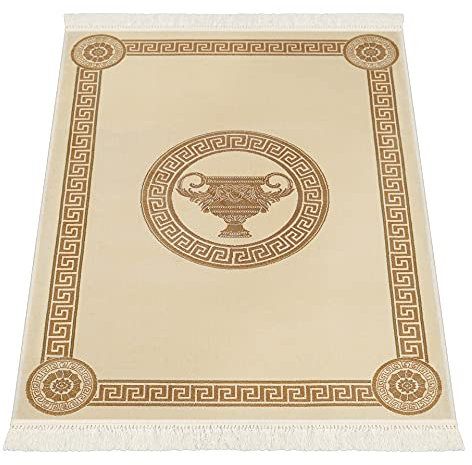 Premium Kurzflor Teppich Kurzflorteppich Wohnzimmerteppich 160x230 Mäander Amphore Muster in creme beige gold - Kurzflor mit Fransen rutschfest Seidenoptik 100% Viskose öko tex - beige, 160x230 cm