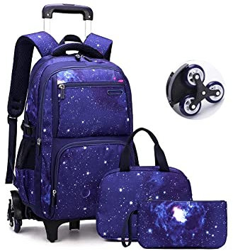 BOUACOUA Trolley Rucksäcke Jungen Schultaschen, Grundschule Trolley Rucksack mit Lunch Tasche Federmäppchen 3-teiliges Schultaschen-Sets für Kinder (Dunkelblau)