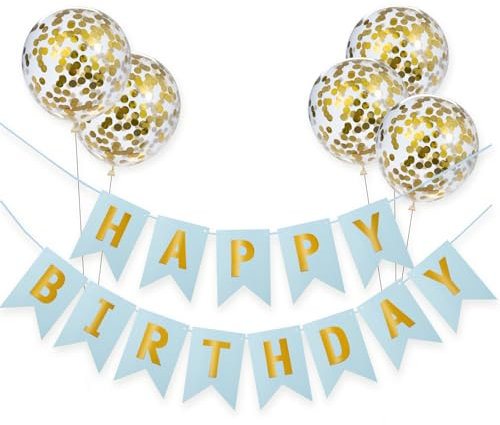 Meowoo Banner Happy Birthday Girlande mit 5 Goldenen Latexballons, Geburtstag Deko Zubehör Party Dekoration Banner und Ballon Set Geeignet für alle Altersgruppen (Blau)
