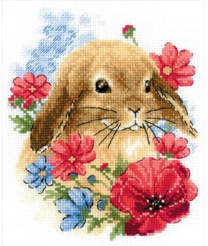 Riolis Kreuzstich Set Hase in Blumen, Zählmuster, 15x18cm