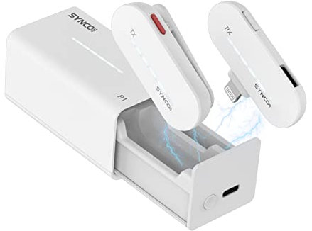 SYNCO Micrófono Inalámbrico Móvil, P1L 【Certificación MFi】 Wireless Micro de Solapa de 2.4 GHz con Funda de Carga Compatible con iPhone iPad, Micrófono-Solapa-Inalámbrico-Wireless-iPhone