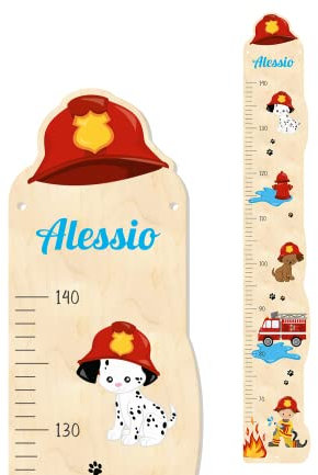 Personalisierte Kinder Holz Messlatte 'Paw' aus Birkenholz mit Wunschnamen, Messlatte Kind Motiv Feuerwehr mit Feuerwehrauto, Feuerwehrmann und Hundewelpen, ca. 15 x 100 cm