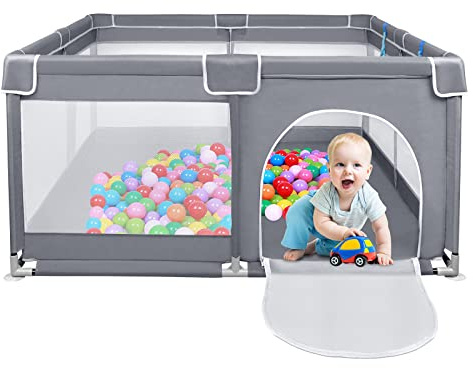 Aufun Baby Laufstall Laufgitter mit atmungsaktivem Netz und Reißverschluss, Grau Rechteckiges Krabbelgitter, schützender Spielbereich für Kinder(127x127x68cm)