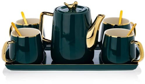 HowHomely Keramik Kaffeeservice für 4 Personen Modern - Grün Set mit Kanne, 4 Tassen und Serviertablett - Ideal für Kaffeeset Teeservice oder andere Getränke