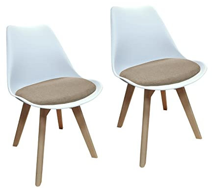 HTI living Stuhl Atlanta Weiß, Webstoff Beige Esszimmerstuhl Kunststoffschale Webstoffbezug Holzfüße 2-teilig