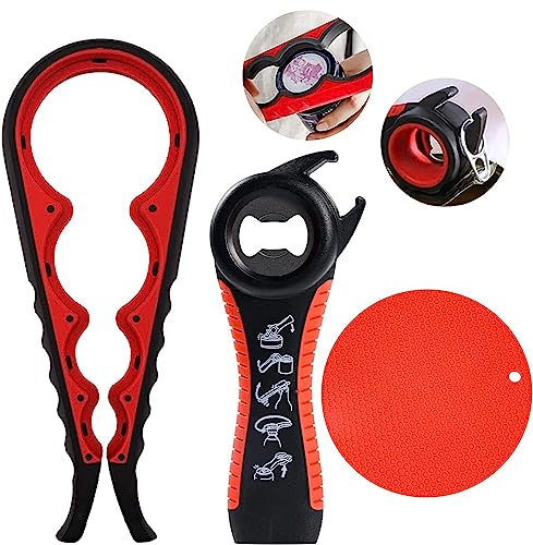 Flaschenöffner für Senioren, Multiöffner Deckelöffner, 5 in 1, 4 in 1 und Mini Schlüsselanhänger Rutschfest Glasöffner Dosenöffner Einfach zu Bedienen für Frauen, Kinder, Senioren (Rot)