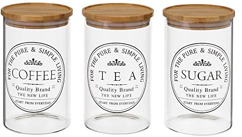 Juego de 3 botes de cristal borosilicato transparentes con tapa de bambú para azúcar, café y té de 1000 ml