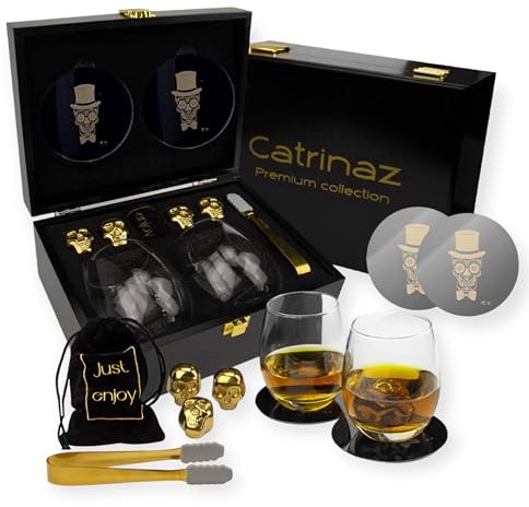 Catrinaz® - Juego de whisky de lujo - Set de vasos de whisky premium - Incluye 2 vasos de 350 ml - 4 piedras de whisky de acero inoxidable dorado - 2 fundas - Barra de hielo - Caja de regalo de lujo -
