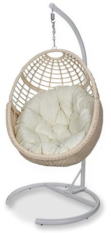 Erotr Korb Hängesessel mit Gestell: Wetterfestes Handgeflochtene PE-Rattan Schwebesessel mit Standfuß, Outdoor Indoor Schaukelstühle mit Polsterung für 150KG Terrasse Balkon Garten Schlafzimmer, Beige