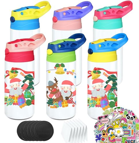 Gekestory 6 PACK Kids Sublimation Tumblers, 12oz Blank Sippy Cups, Stainless Steel Sublimation Water Bottle Blanks for DIY Heat Press Print Crafting Gift (6pack)