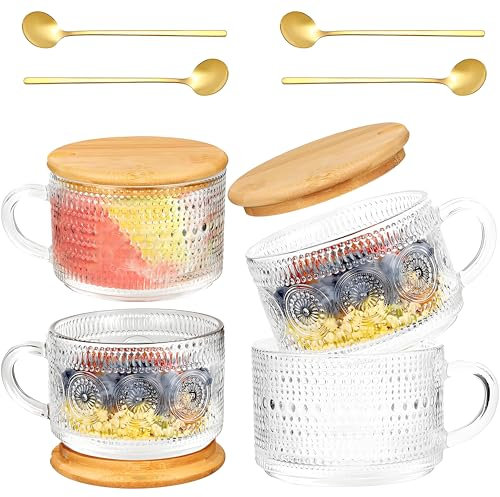 Kiswleon 450ML/16OZ Vintage Glass Coffee Mugs with Lids Set of 4, Clear Embossed Glass Tea Cups,Stackable Glass Coffee Cup with Lid,Glass Coffee Cups for Cappuccino,Tea,Latte and Espresso