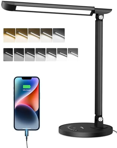 sympa Schreibtischlampe LED, dimmbare mit 7 Helligkeitsstufen, 5 Farbtemperaturen, USB-Ladeanschluss, Touch-Steuerung, Memory-Funktion, Lese-/Stehlampe für Zuhause und Büro, Schwarz