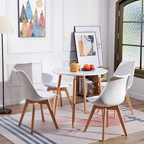 LafeuR Esstisch mit 4 Stühlen Essgruppen, Esszimmergruppe Küchentisch-Set für 4 Personen Sitzgruppe für Wohnzimmer Küche Büro(Runder Weiß Tisch + 4 Eiche Weiß Stühl)