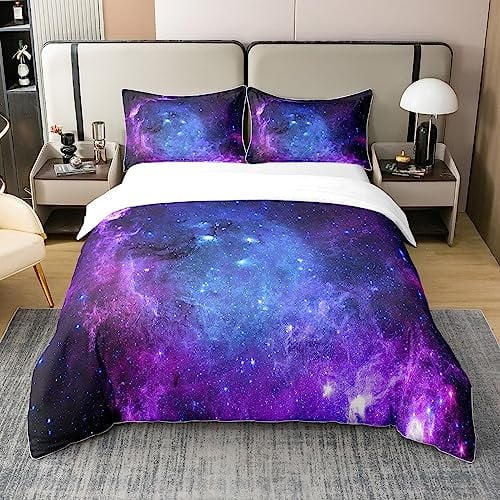 Loussiesd Galaxy Baumwolle Bettwäsche Set 155x220cm Kinder Jungen Mädchen Weltraum Universe Bettbezug Set Weich Purple Blau Nebula Atmungsaktiv 100% Übereinstimmungen