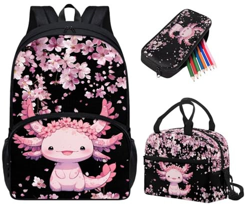 Tuoxiukan Axolotl Rucksack und Lunchbox Set für Mädchen Grundschule 3-teiliges Büchertasche mit Lunchbag Federmäppchen Kirschblüten Schultaschen Große Kapazität Niedlicher Schulterrucksack