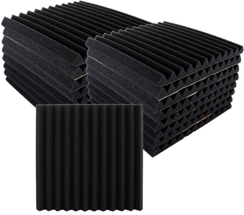 LDXDRU 24 Pack 12 x 12 x 1 Inch Acoustic Wall Panels, Wedge Sound Proofing Panels, Black Fireproof Acoustic Foam Panels Self Adhesive for Recording Studios Offices Bedroom