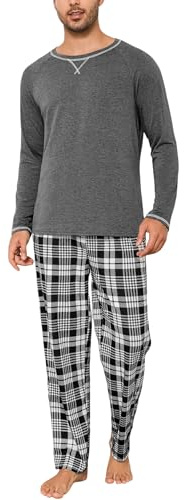 Litherday Pigiama da Uomo Invernale Lungo in Cotone - 2 Pezzi Con Maniche Lunghe, Coulisse e Tasche, Grigio Scuro, XL