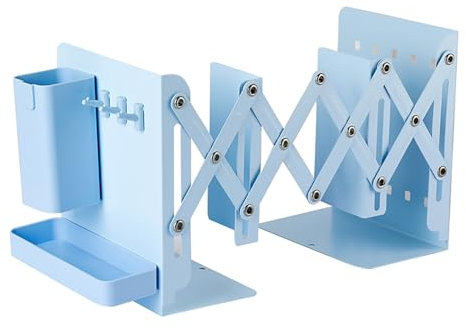 Qinlenyan Serre-livres robustes extensibles réglables et rétractables avec 3 séparateurs en métal - Plateau extensible et amovible - Bleu