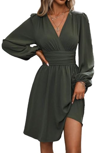 LIAMERHE Damen Elegant Kleid Langarm V-Ausschnitt Casual Kleider A-Linie Winterkleider Blumenmuster Minikleid Freizeitkleider Herbst Winter Laternenärmeln Kleid Partykleid Grün L