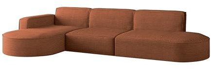 Kaiser Möbel - Ecksofa mit Wohnlandschaft, Eckcouch L Form, Sofa 3-sitzer, Polstersofa, Bigsofa, Bequemes Couch mit Ottomane für Wohnzimmer, Relaxsofa, Stilvolles Cord Sofa, Modena L, Ziegel, Links
