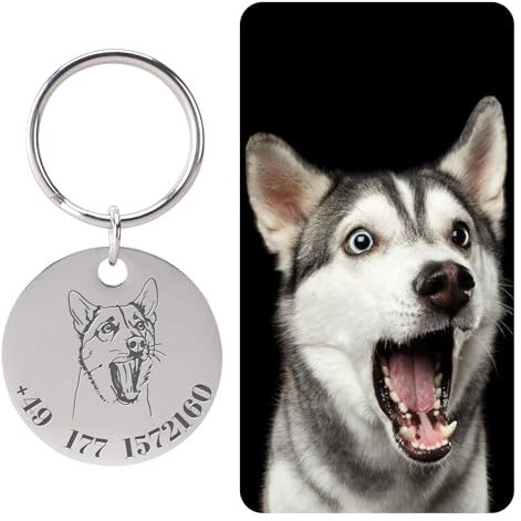 HEIMWOHL Personalisierte Hundemarke mit Name, Telefonnummer, Adresse und Zitat, rund, Edelstahl 25mm, Gravierbare Fotos von Menschen und Hunden