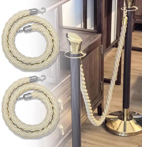 WhamtL Absperrkordel Gedrehtes Absperrseil, 2er-Pack, Ohne Absperrseil, Beigefarbenes Geflochtenes Absperrseil aus Nylon, VIP-Hängesamtseil mit Polierten Haken(Silver Hook,2.8m/9.2ft)