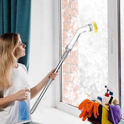 Elektrische Reinigungsbürste, IPX65, 2 Geschwindigkeiten | Spin Scrubber, Langer Griff, 3 Bürstenköpfe, 1 Schwammkopf, IPX65 Wasserfest, Badezimmer, Fliesen, Dusche