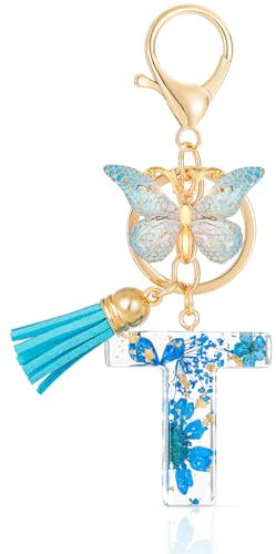 MWOOT Letter Keychains Initiale Lettre Porte Clef Lettre T,Alphabet Initial Keyring avec Papillon Pendentif,Bleu Pétales Feuille D'or Key Ring pour Femmes Filles Portefeuilles Sac à Main Charme (T)