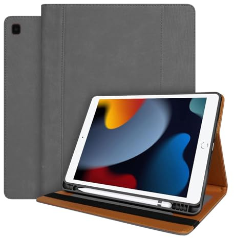 World biz Lederhülle für iPad 10.2, passend für iPad 9. Generation/iPad 8. Generation (2020)/7. Generation (2019), Premium-Lederhülle mit Tasche und Stifthalter, automatischer Schlaf-/Wachmodus, Grau