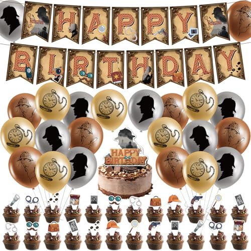 44 Stück Detectiv Geburtstag Deko, Dedektivparty Geburtstag Kridinner Deko Luftballons Kindergeburtstag Deko Geburtstag Happy Birthday Banner Cupcake Toppers Junge Detectiv Mystery Secret Party