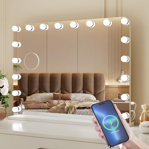 VOWNER Hollywood Schminkspiegel mit Beleuchtung, 18 LED Dimmbar Kosmetikspiegel mit 3 Lichtfarben, Touch Control Vanity Spiegel, mit USB und 10x Lupe, für Schlafzimmer Schminktisch