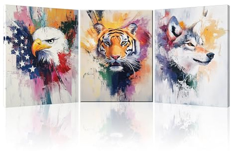 Piy Painting 3er Tier Leinwand Gemälde, Buntes Leinwandbild, Falken, Tiger Und Wölfe Wandbilder, Leicht Zu Hängen Für Schlafzimmer Eingang Cafe Yoga Studio, 3 Paneele 40x30 cm (90x40 cm)