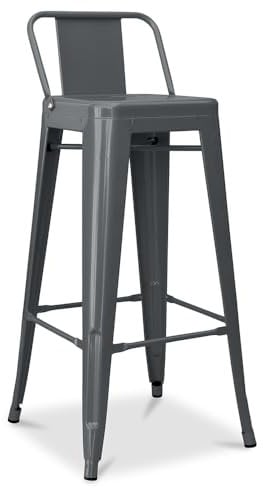 Iconik Interior Tolix Style Tabouret de Bar avec Dossier - Design Industriel - 76cm - Nouvelle édition - Stylix Gris foncé