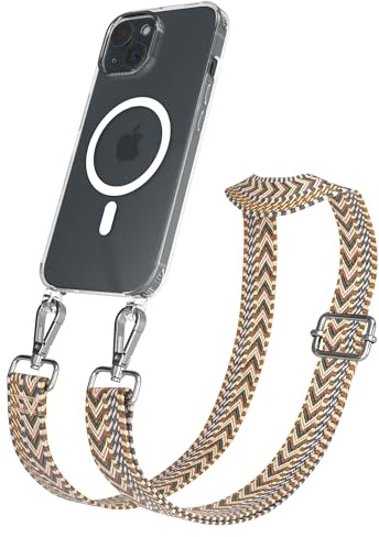 EAZY CASE Handykette - Verstellbares Taschenband kompatibel mit iPhone 15, Schulterriemen, Handykordel mit Silikon Hülle, Qi Charging kompatibel, Umhängetasche, Braun Silber