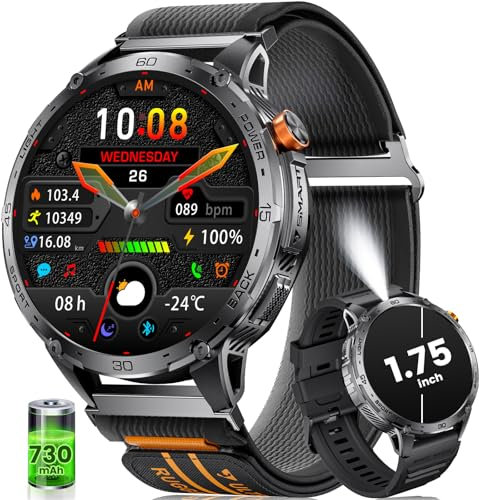 HIRREO Smartwatch Uomo 1.75'' AMOLED Grande Display/730mAh Orologio Sportivo Uomo Con Torcia/120+ Modalità Sportive, Contapassi Calorie, Orologio Fitness IP68 Impermeabile Per Android iOS