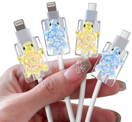 DiyGody 4 Pcs Cute Cable Protectors Compatible for Apple Cables, Charger End Cord Protector with 3D Glittery Turtle Design, Data Cable Protection Compatible with iPhone iPad USB Type-C/L, Yellow+Blue