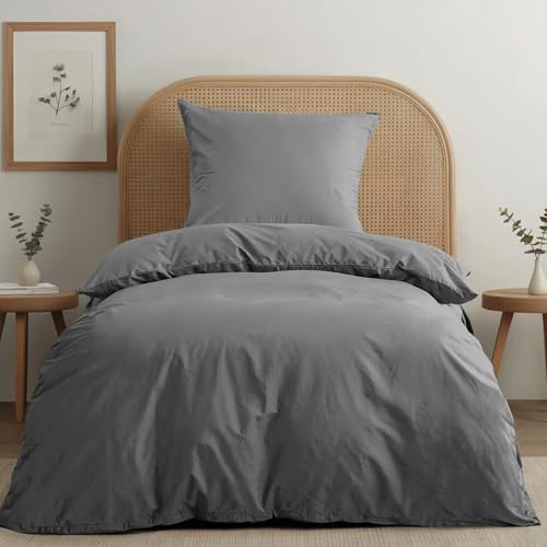 Dreamzie Bettwäsche-Set 135x200 aus Baumwoll-Perkal – Anthrazit – Bettbezug 135x200 und 1x Kissenbezug 80x80 cm – Oeko-Tex Zertifiziert