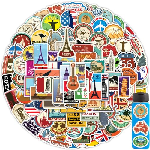 Yoimckay 100 Vintage-Aufkleber für Scrapbooking, Reisen, Graffiti-Aufkleber, Retro, aus Vinyl der berühmtesten Städte der Welt, für Gepäck, Skateboard, Gitarre