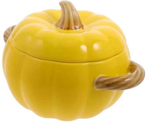 Luxshiny Cuenco de cerámica en forma de calabaza amarilla con tapa y asas dobles, 26 x 17 x 15,5 cm, olla para guisos, sopa, ensalada, postres, uso en cocina